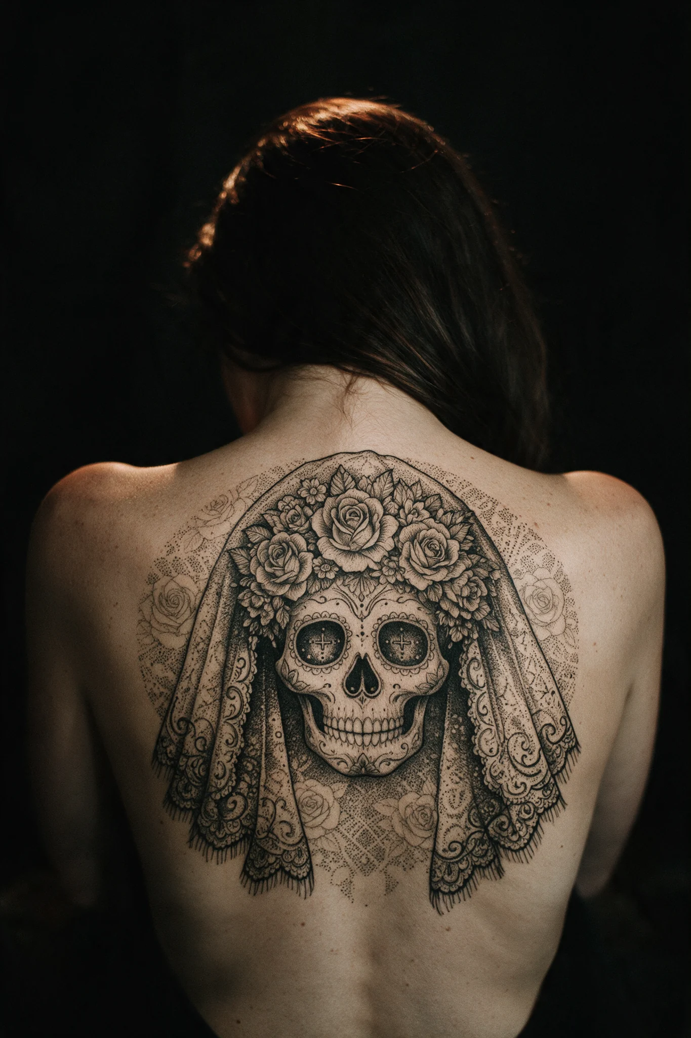 Blackwork-Catrina über den Schulterblättern