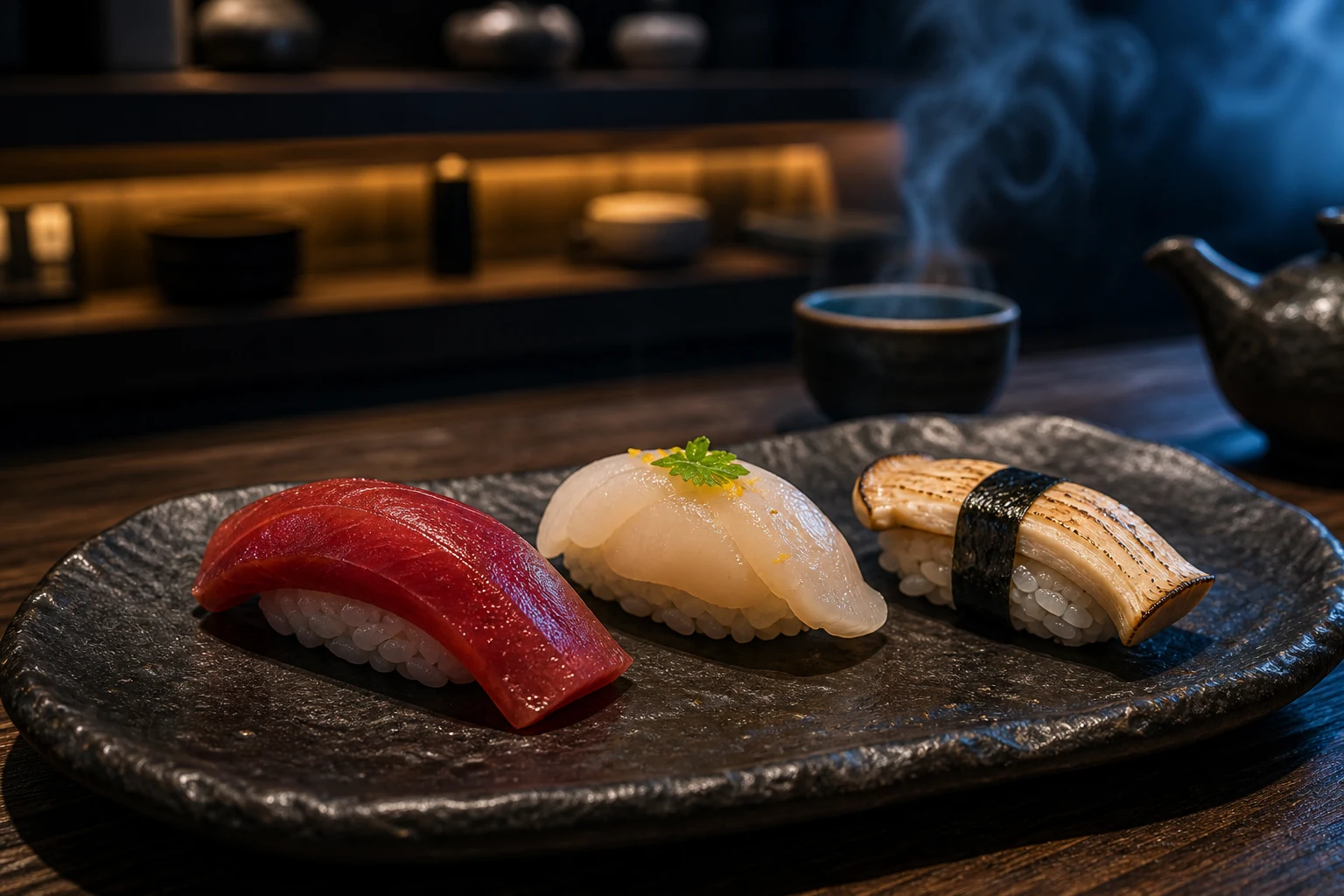 Drei Nigiri auf einem dunklen Teller, dahinter eine Teekanne