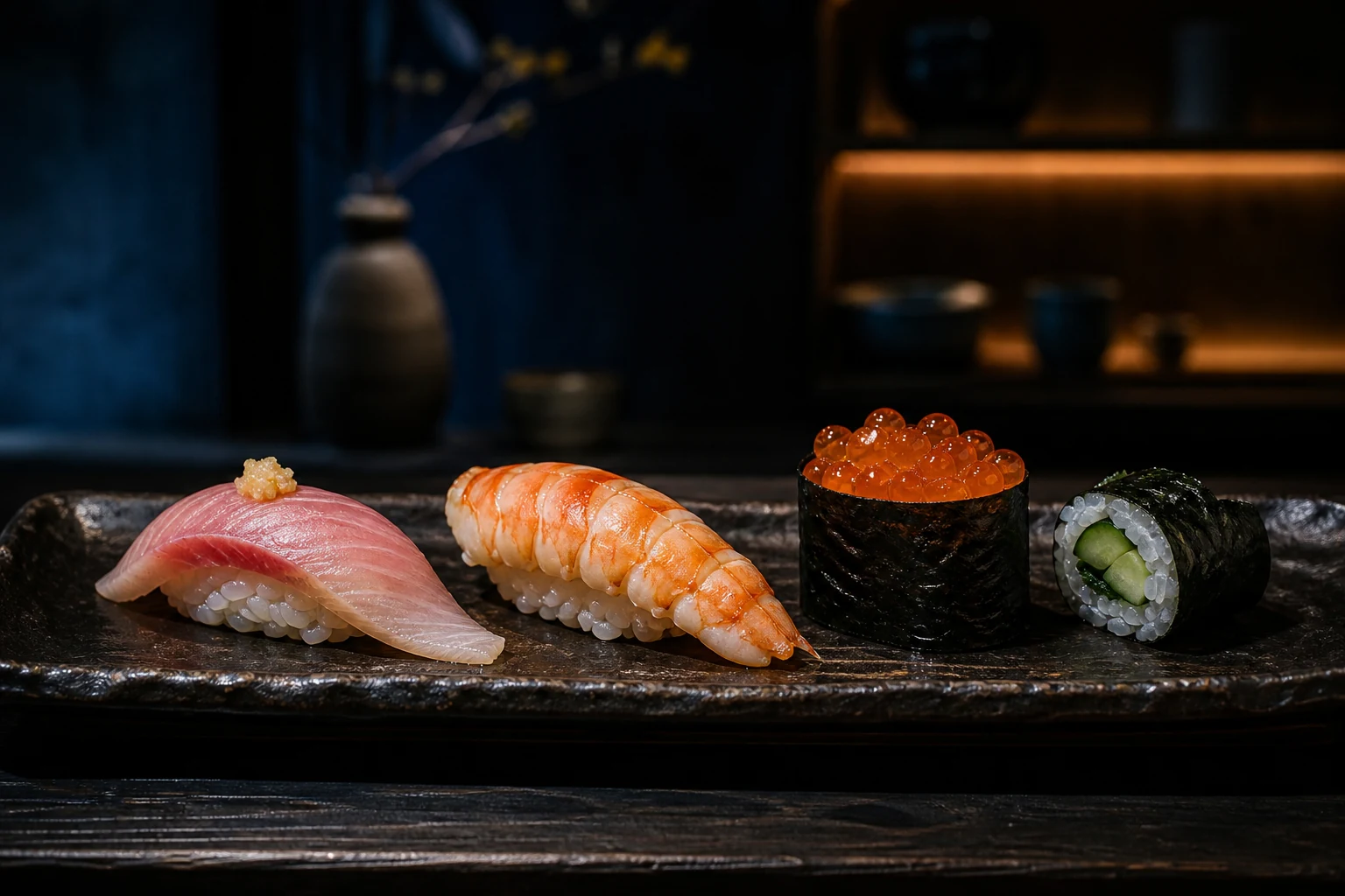 Nigiri, eine Garnele, ein Lachsrogen-Gunkan und ein Gurken-Hosomaki auf dunklem Holz