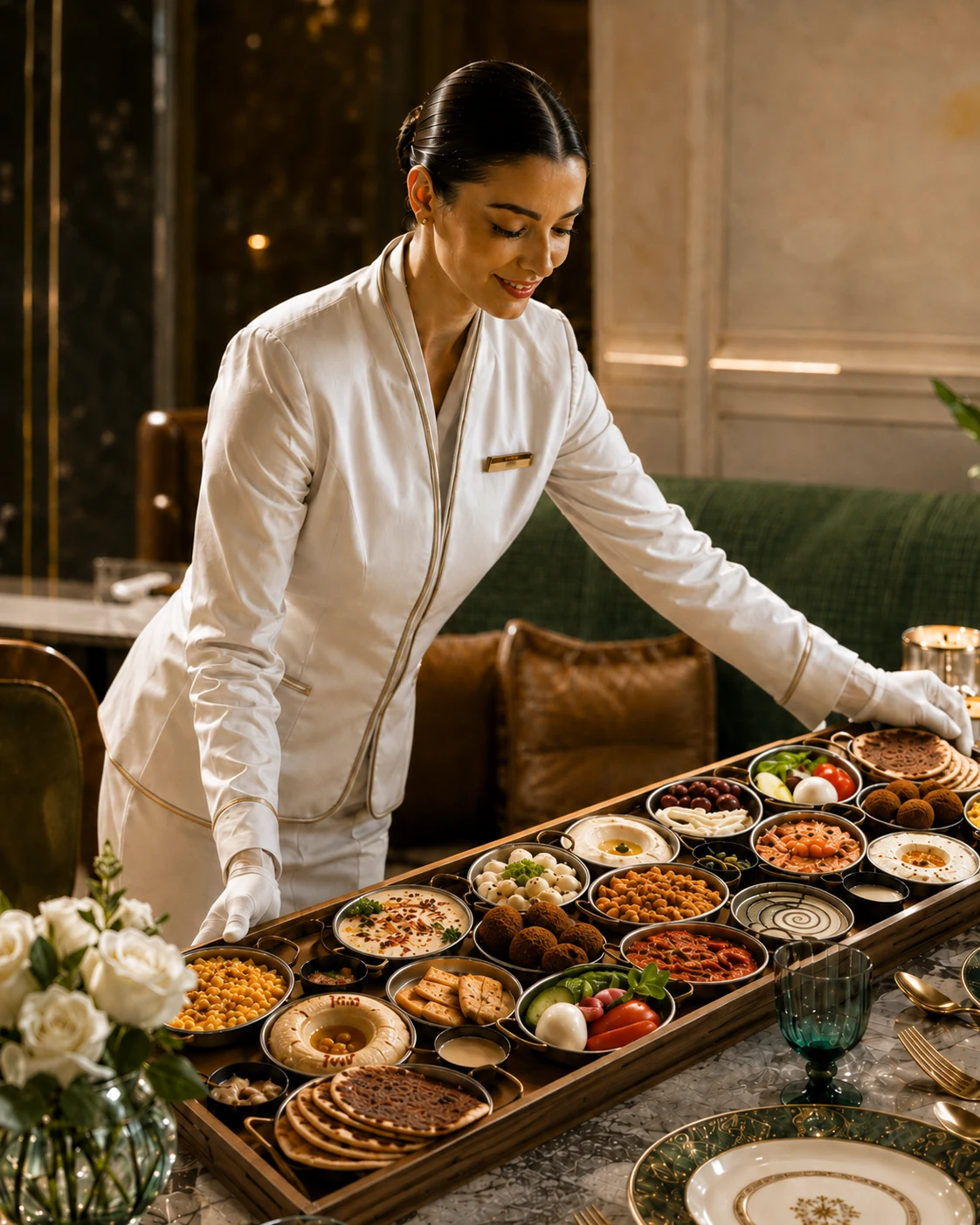 The same tray being set down in a larger dining room