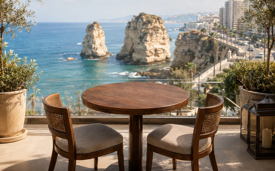 A table on a terrace above the Raouche rocks, Beirut